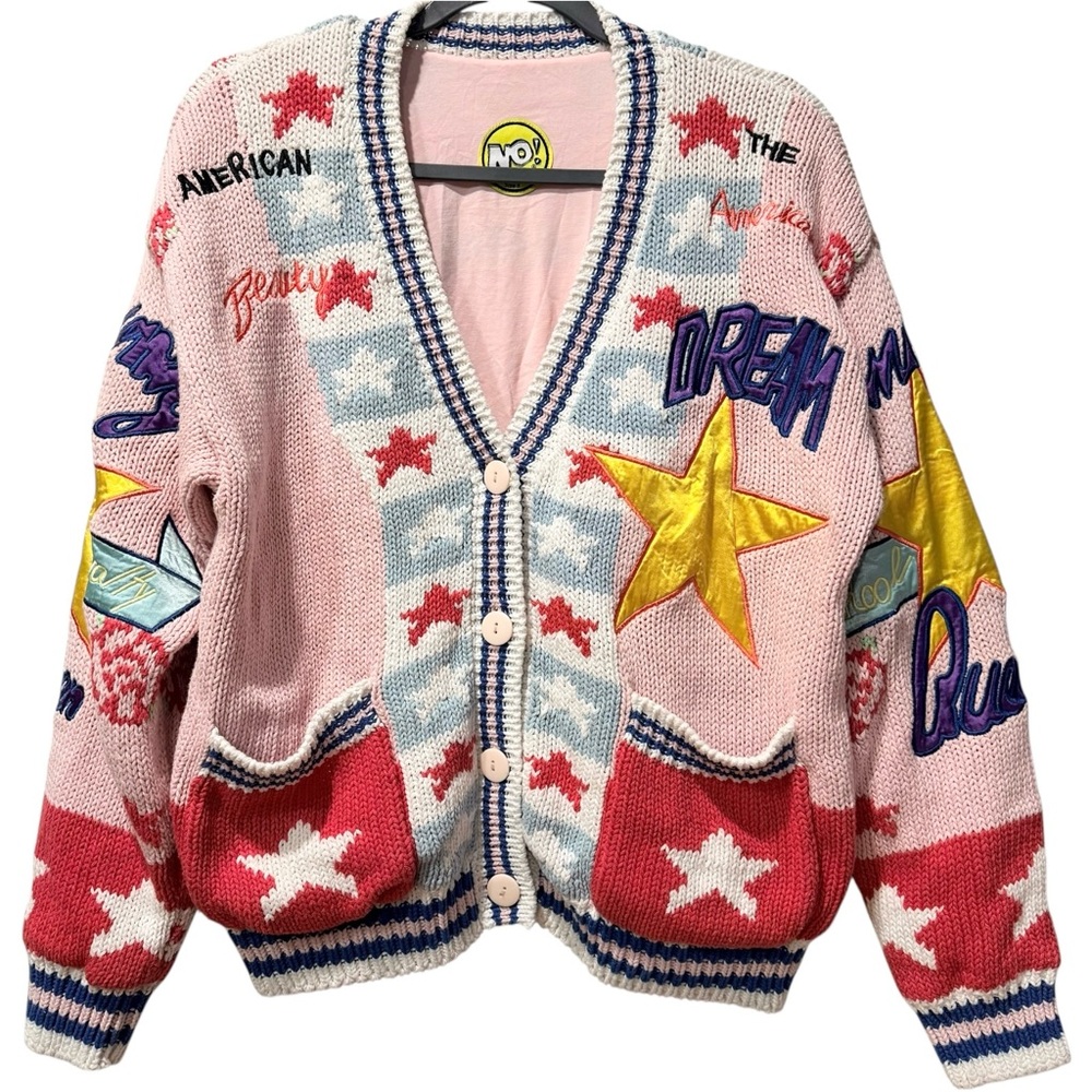 NO! Jeans American Beauty Sweater Thick 80's Embroidered Patches Pink Cardigan M